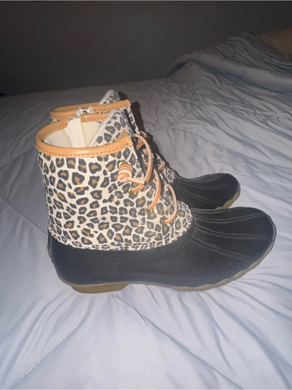 Sperry Leopard Print Duck Boots with Black Rubber Toe and Tan Accents